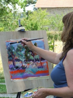Lyn at her easel - French orchard